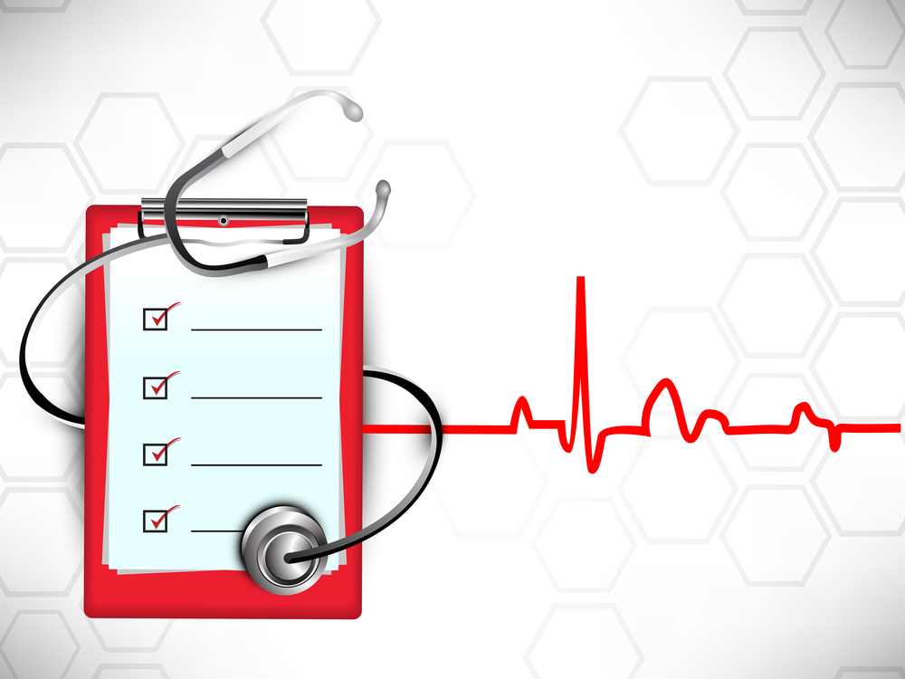 Medical background with stethoscope and doctors prescription pad on heartbeat symbol background.